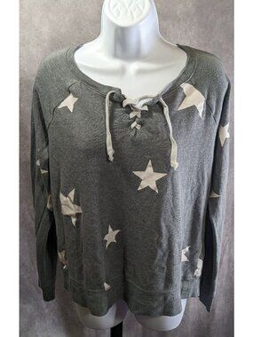 SO Perfect Crew Gray Star Print Lace-Up Sweatshirt Size L Made In Indonesia Soft